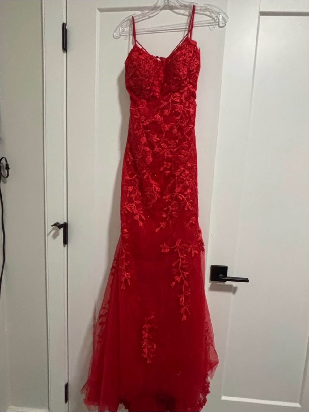 Red Embroidered Spaghetti-Strap Prom Dress